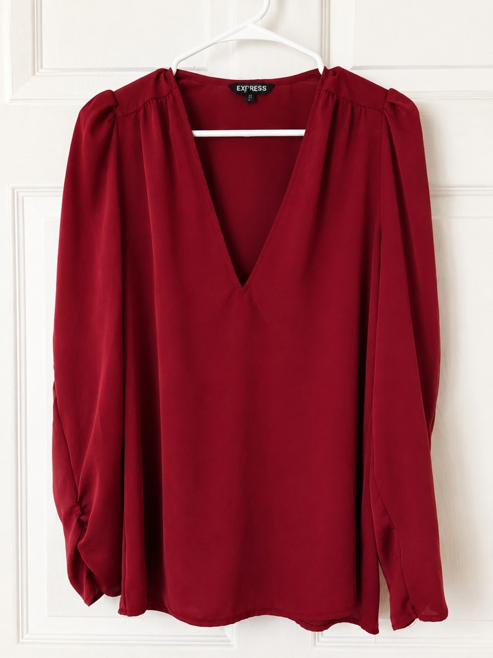 Express Burgundy V-Neck Puff Sleeve Blouse